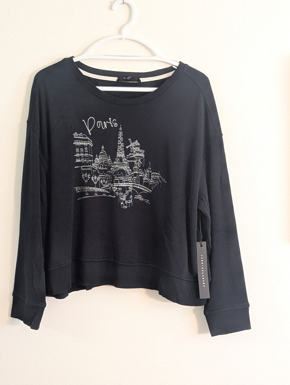 Jane + Delancey Paris Embroidered Sweatshirt Black NWT Size L